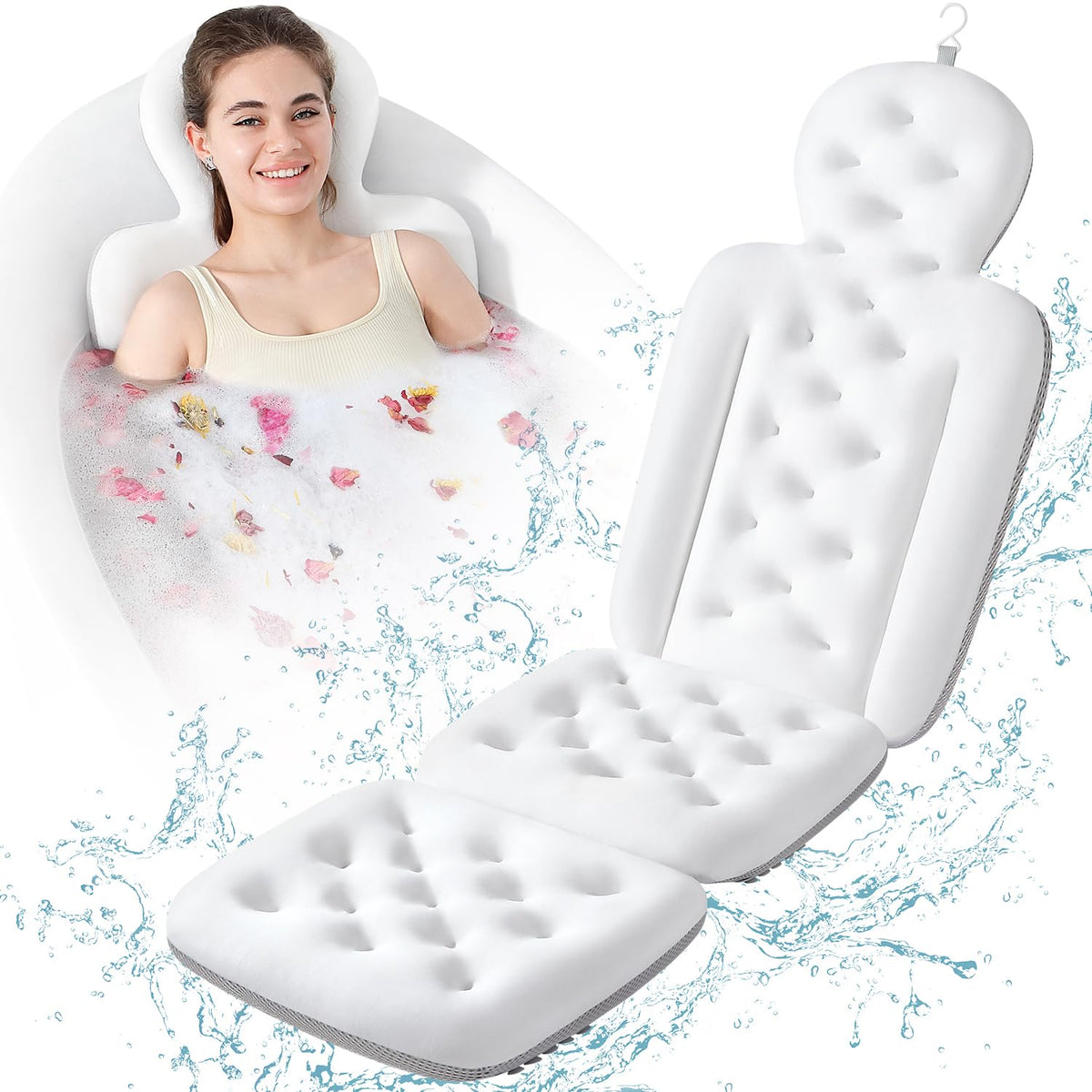 Veils Luxury Bath Cushion - Full Body Bathtub Pillow With 160 Suction Cups, White, 51.2&quot;X16.2