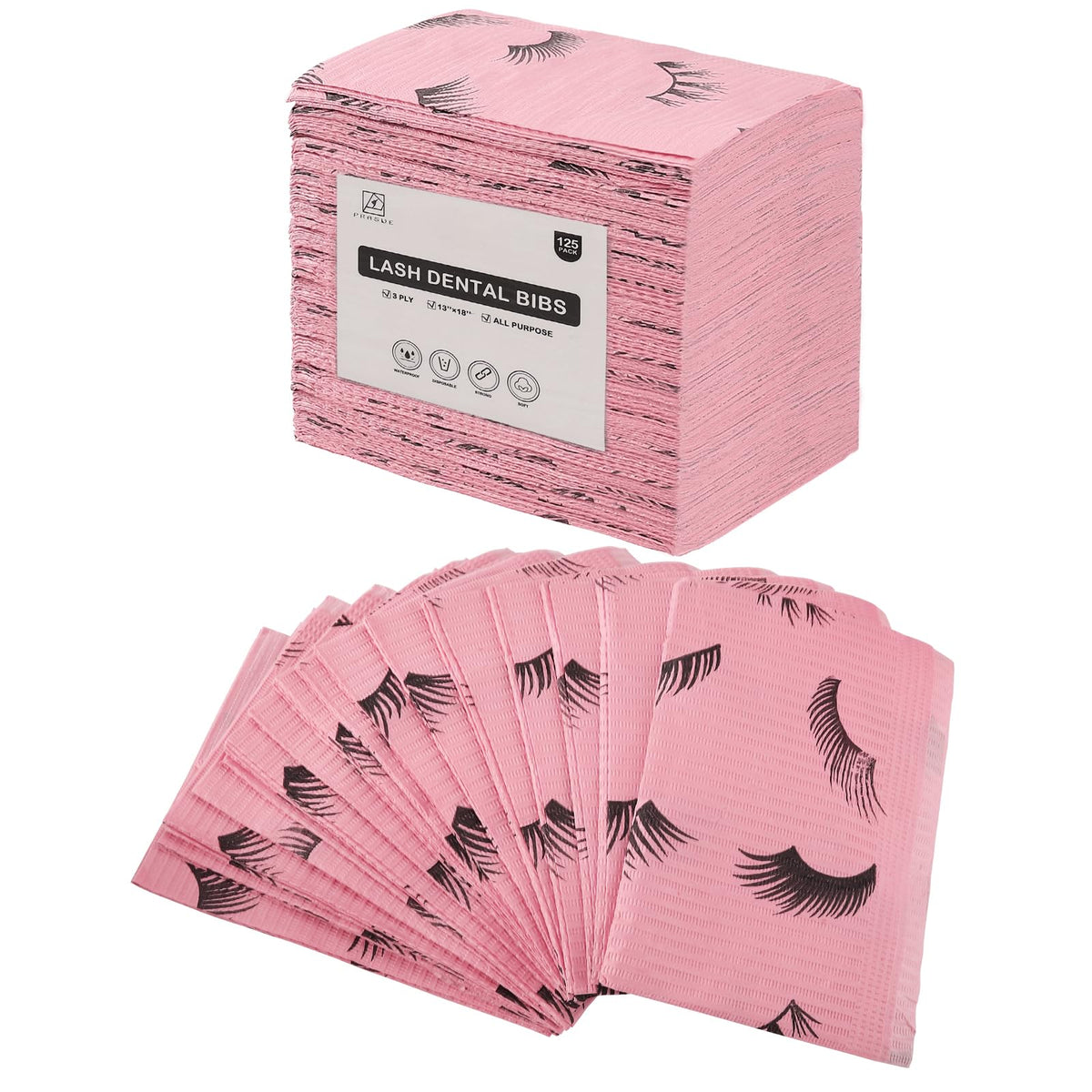 Prasne Pink Disposable Lashing Dental Bibs, 125 Pack, 3-Ply Waterproof Towels, Eyelash Printed