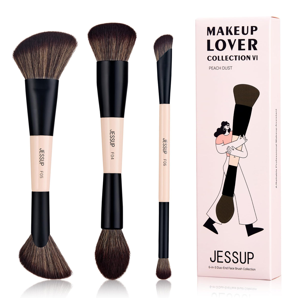 Jessup 3Pcs Double Ended Makeup Brush Set - Peach Dust Synthetic Brushes For Foundation & Contour