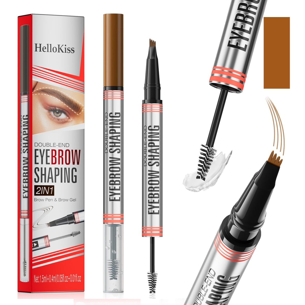 Yulinlon 2In1 Eyebrow Pencil & Gel, Waterproof 4-Pronged Fine Tip, Light Brown - Long-Last