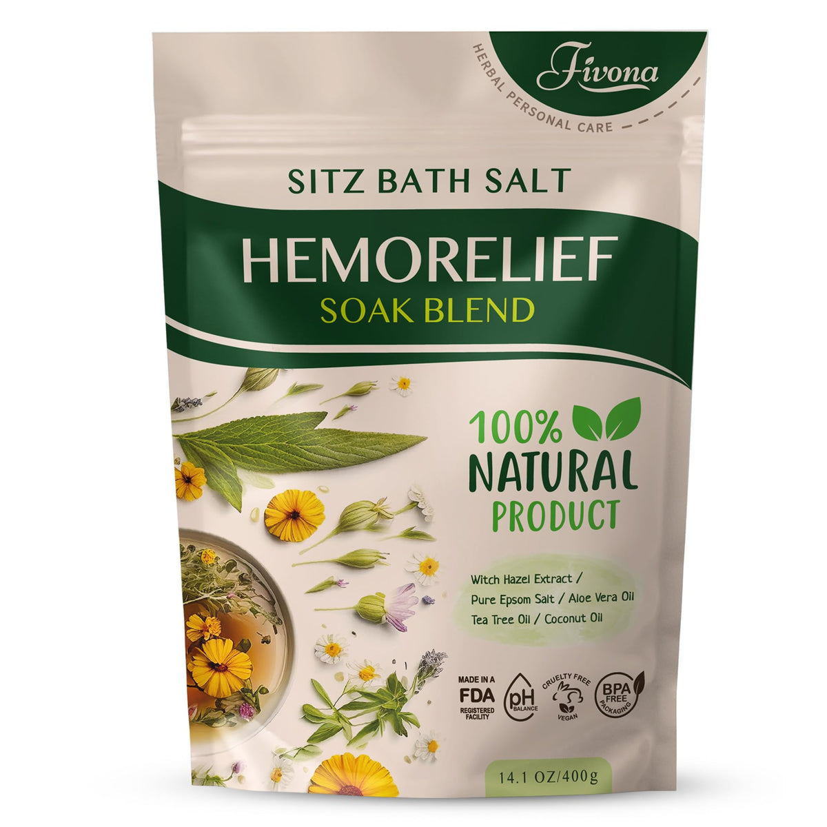 Fivona Sitz Bath Salt Blend For Hemorrhoids, Natural Epsom Salt Soak, 14.1 Oz