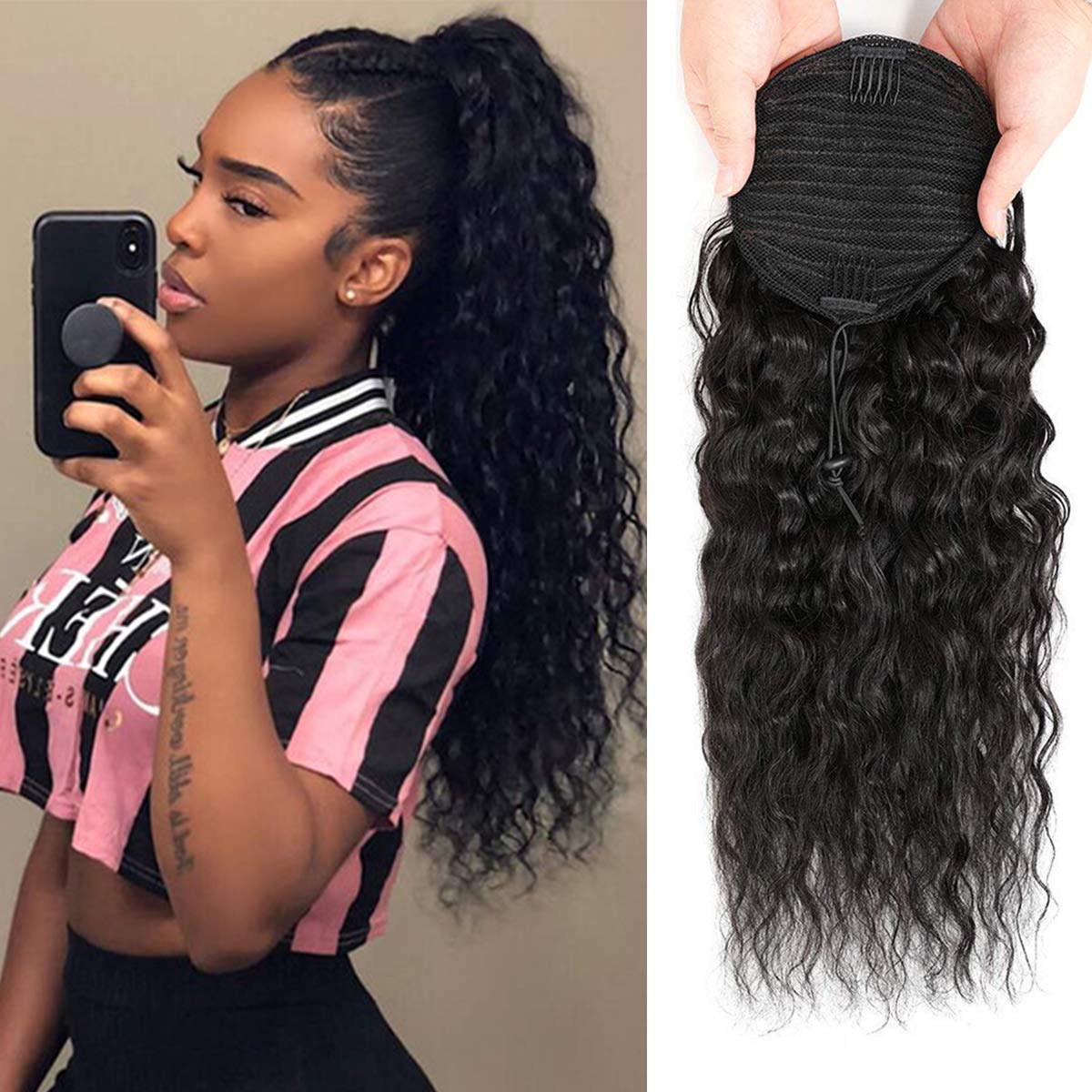 Kislemon 28&quot; Water Wave Ponytail - Human Hair Drawstring Hairpiece, Natural Black Color