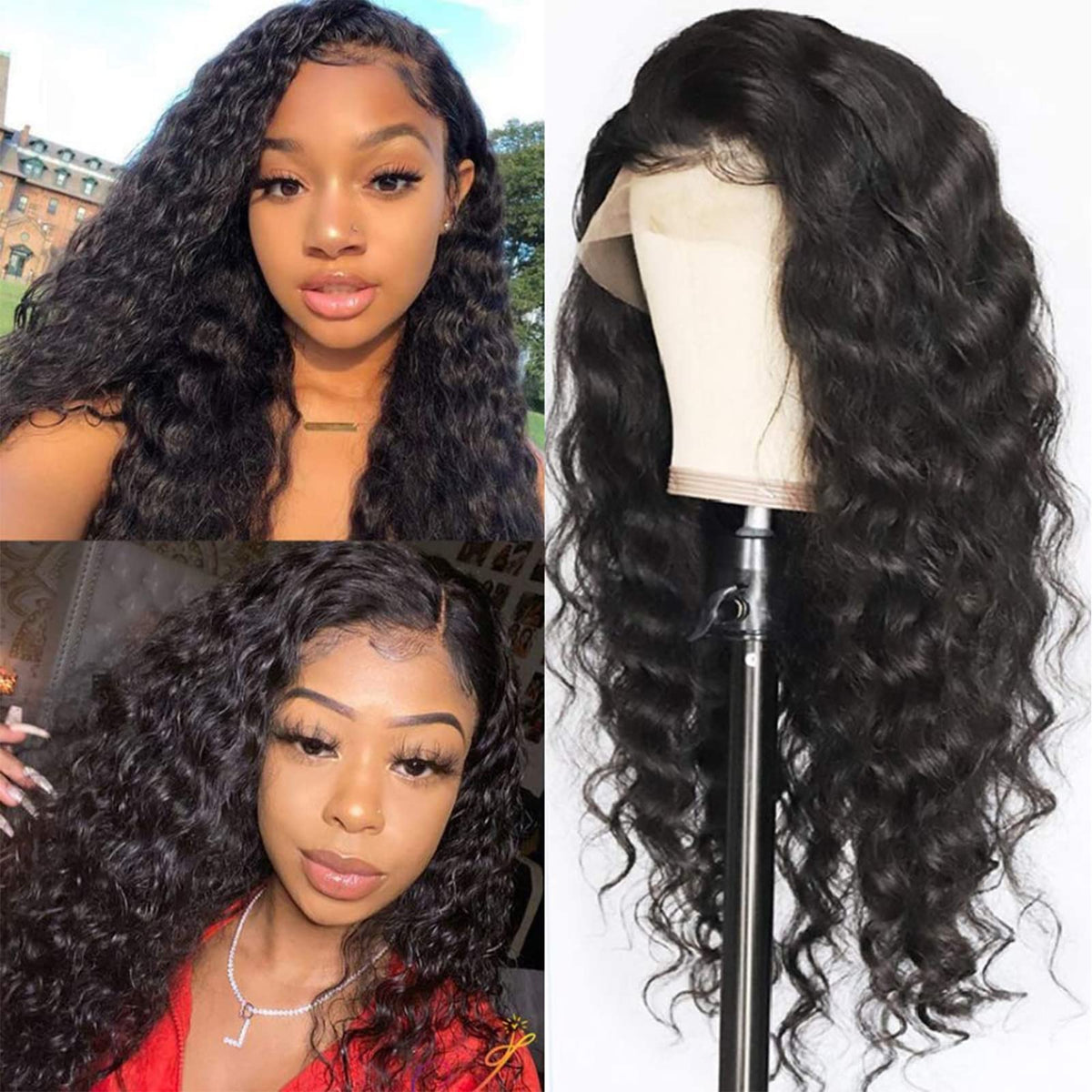 FASHION PLUS 34&quot; Loose Wave Lace Front Wig - 200 Density Human Hair for Black Women, Natural Color