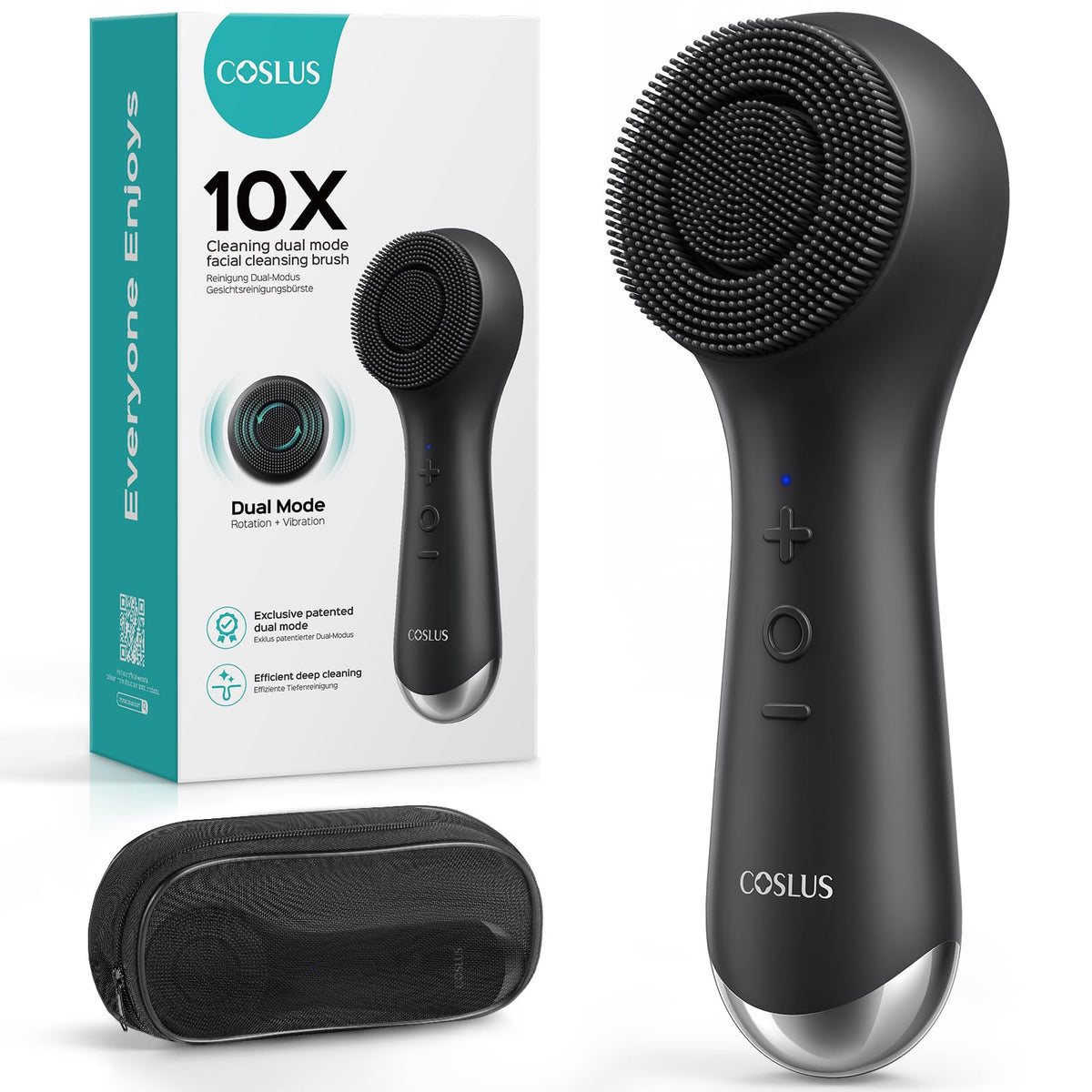 Coslus Black Silicone Face Scrubber Brush - 2 In 1 Spin & Vibration Electric Exfoliator