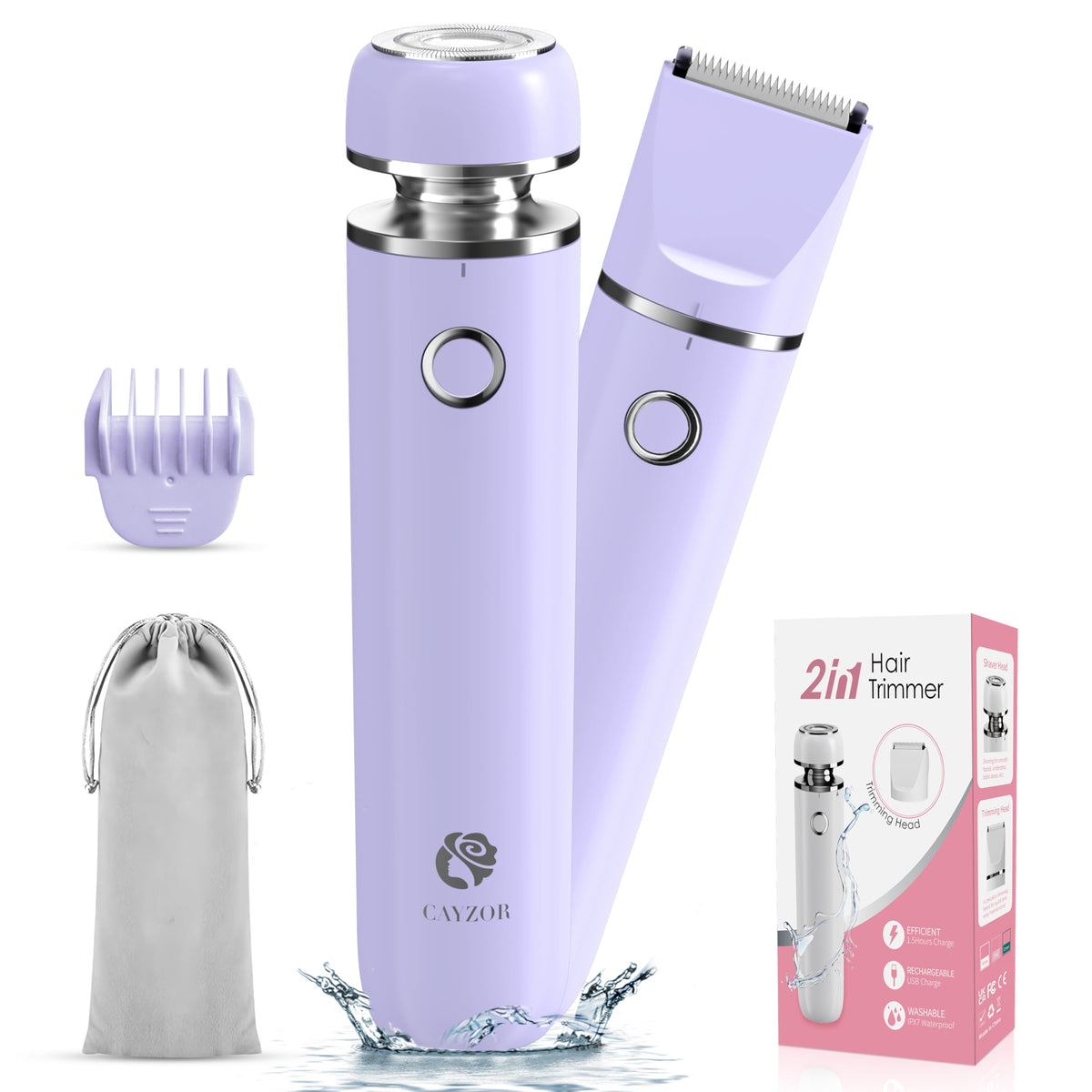 Cayzor 2-In-1 Bikini Trimmer & Shaver Kit For Women - Waterproof Cordless Hair Removal, Purple