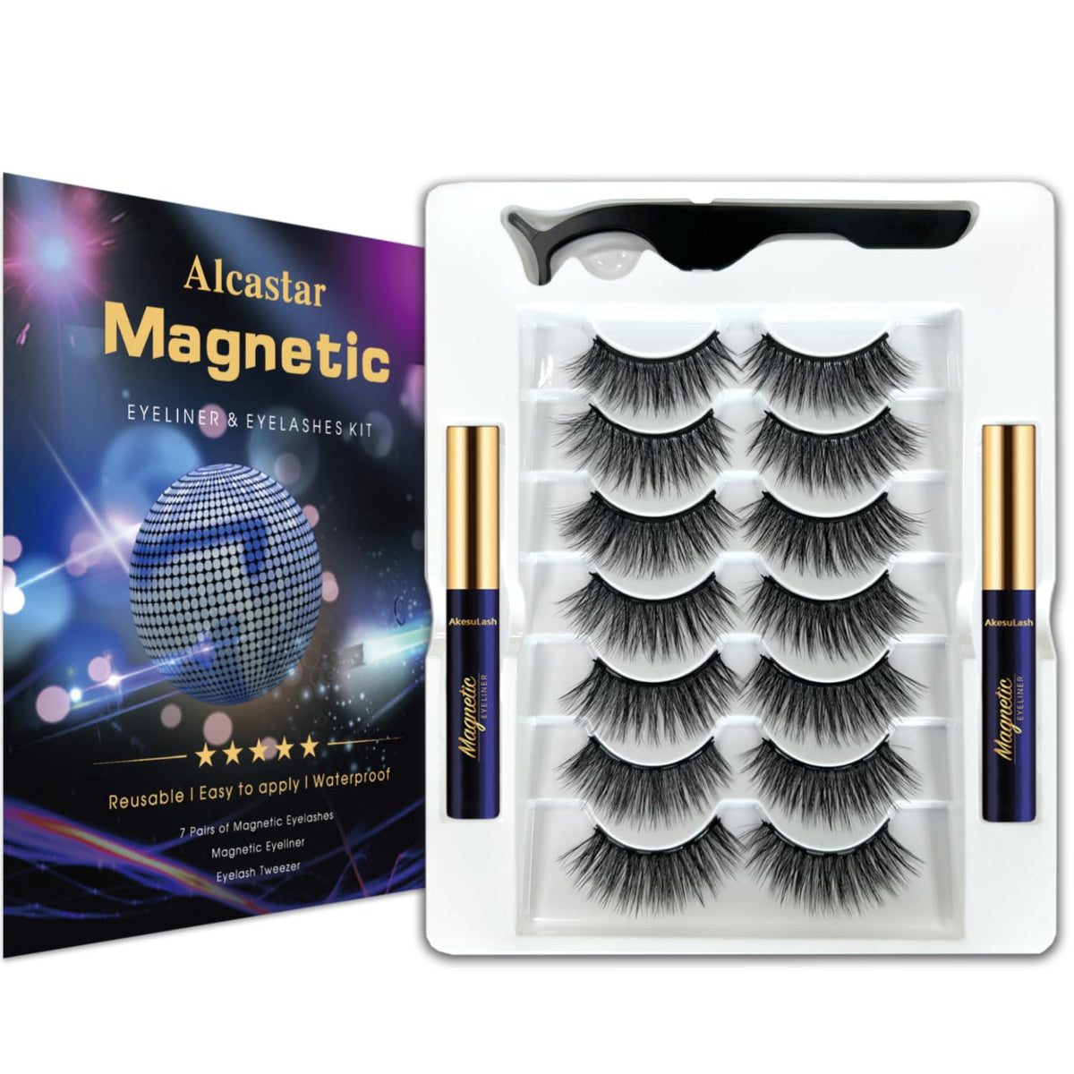 Alcastar Magnetic Eyelashes Kit - 7 Pairs Faux Mink Lashes & 2 Tubes Waterproof Eyeliner