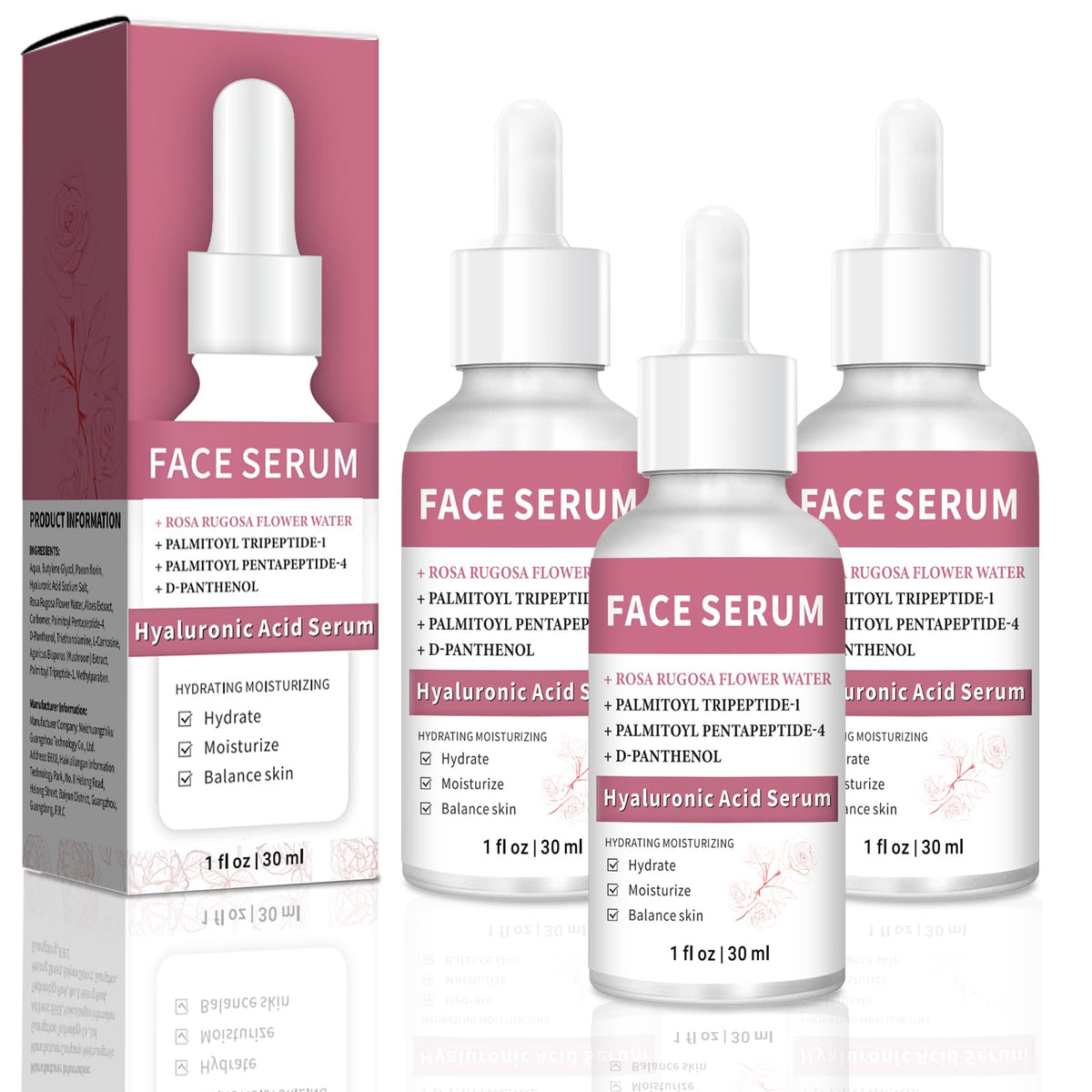 Abote 3 Pack Rose Hyaluronic Acid Serum With Rose Water - Nourishing Face Care (1Fl.Oz)