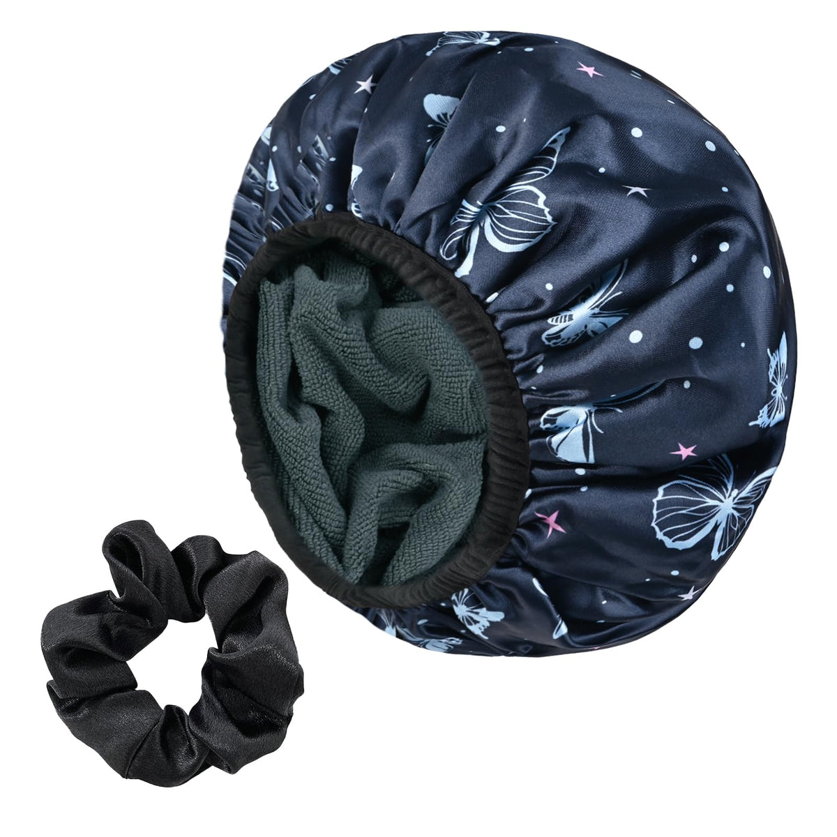 Yonchic Large Blue Butterfly Print Satin Shower Cap With Terry Cloth Lining & Silk Hair Ties