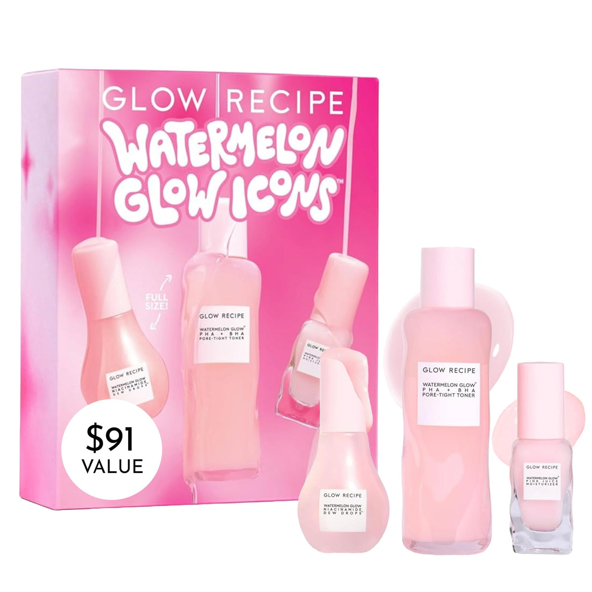 Glow Recipe Watermelon Glow Icons Gift Set - Niacinamide Serum, Pha+Bha Toner, Pink Juice Moisturizer