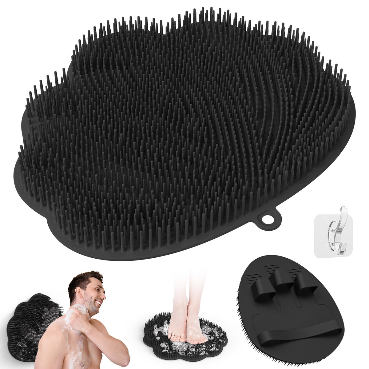 Manmihealth Shower Foot Massager & Back Scrubber Set, Silicone, Wall-Mounted, Black