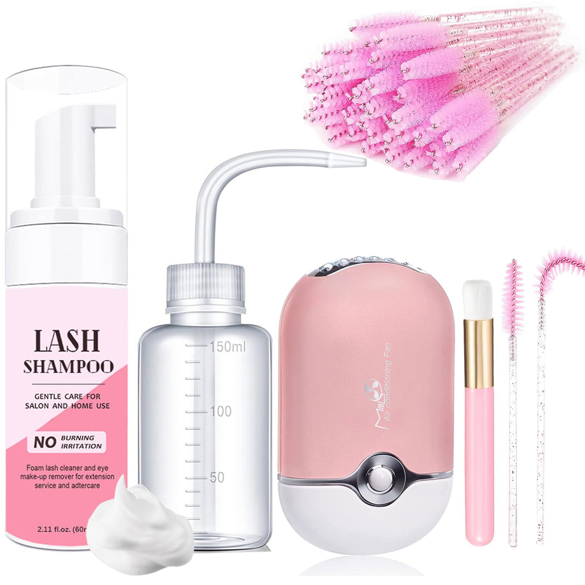 Aremod Eyelash Cleanser Kit - 60Ml Lash Shampoo, Fan, Brush & Bottle - Pink Lash Bath