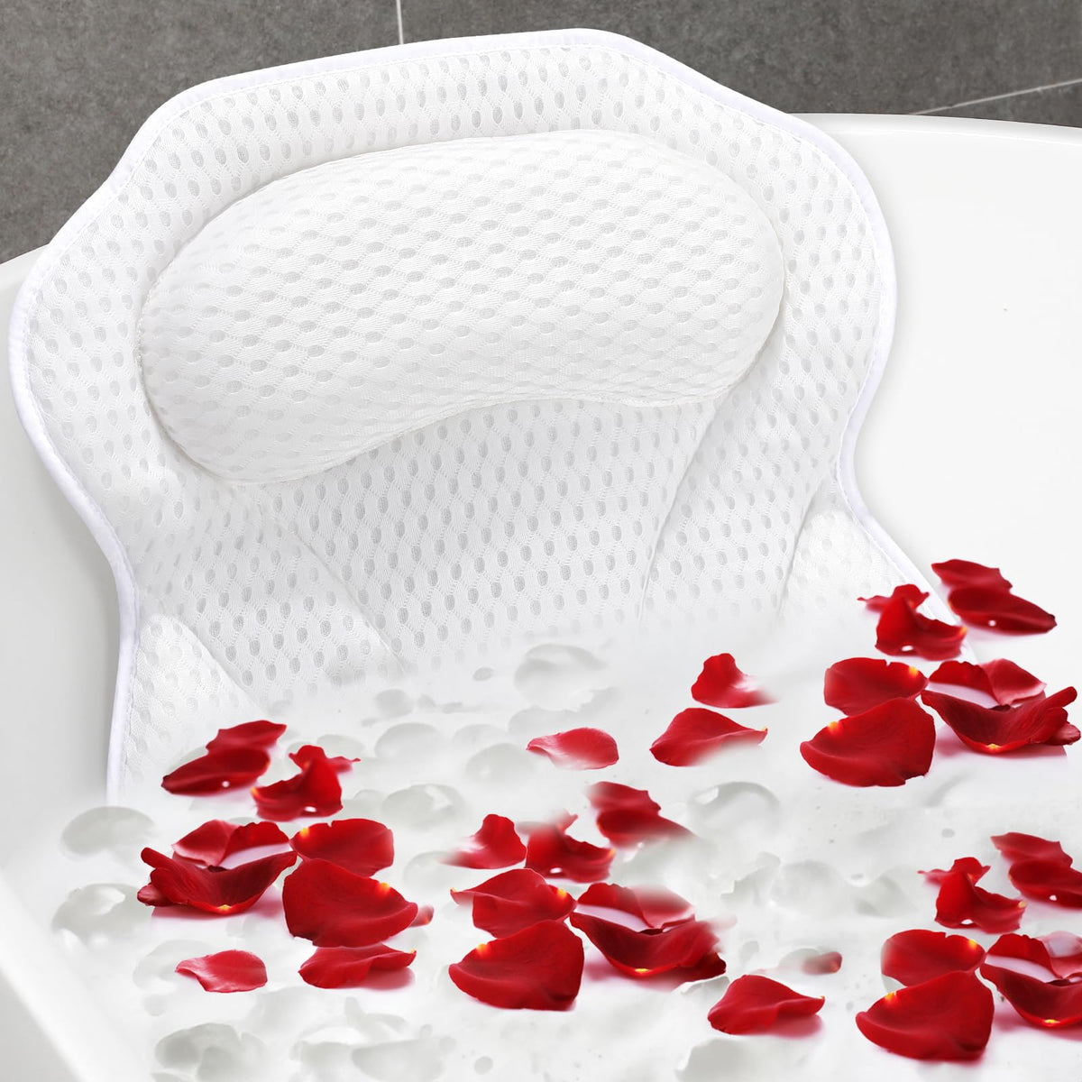 Lronfensy Bath Pillow - Luxury 4D Mesh Support For Neck & Back, Non-Slip Suction Cups, White