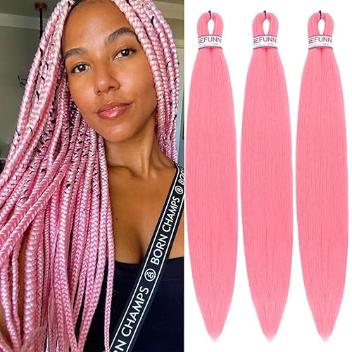 BEFUNNY Pink 24 Inch Pre Stretched Braiding Hair, Ombre Yaki Synthetic Hair Extension, 3 Packs