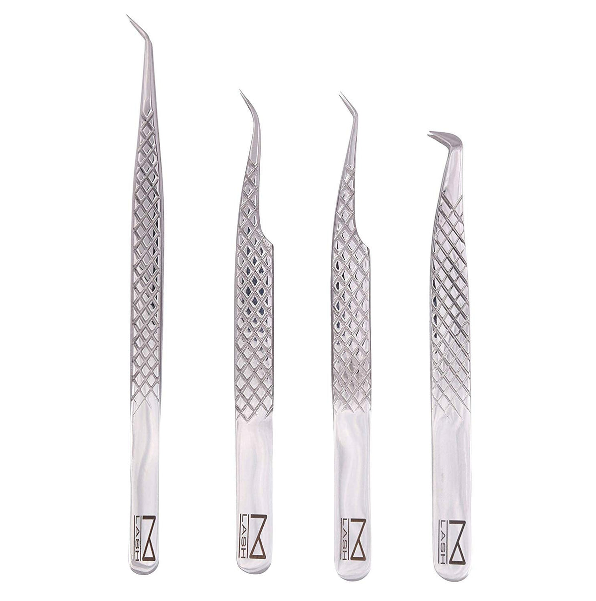 M LASH 4-Piece Eyelash Extension Tweezers Set - Diamond Grip, Japanese Stainless Steel, Silver