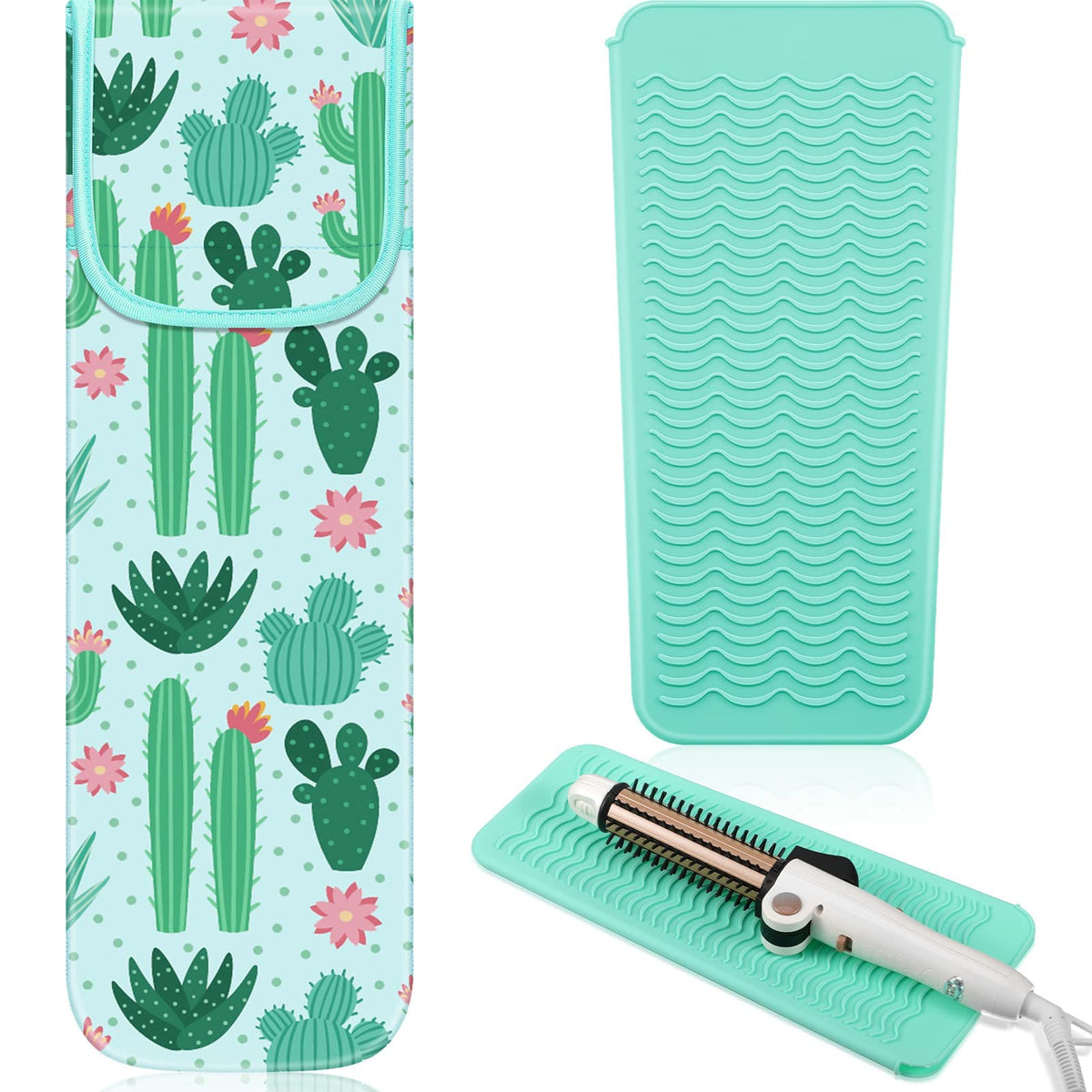 Shappy 2-Piece Heat Resistant Flat Iron Case & Silicone Travel Mat - Cactus Style