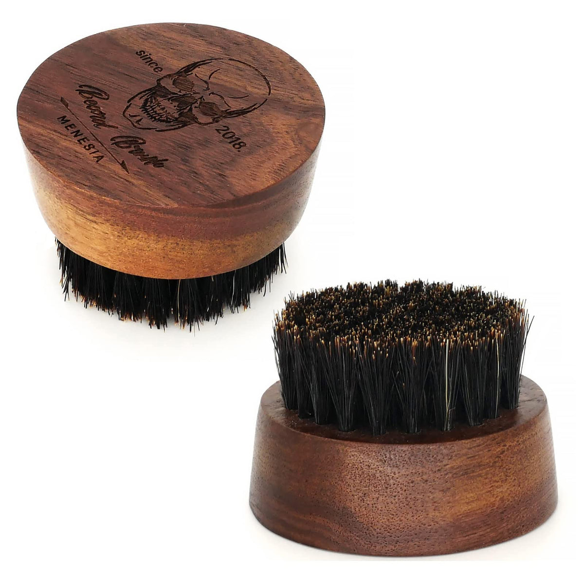 Menesia Small Round Beard Brush - Wooden Boar Bristle Mustache Comb for Men, Black Walnut