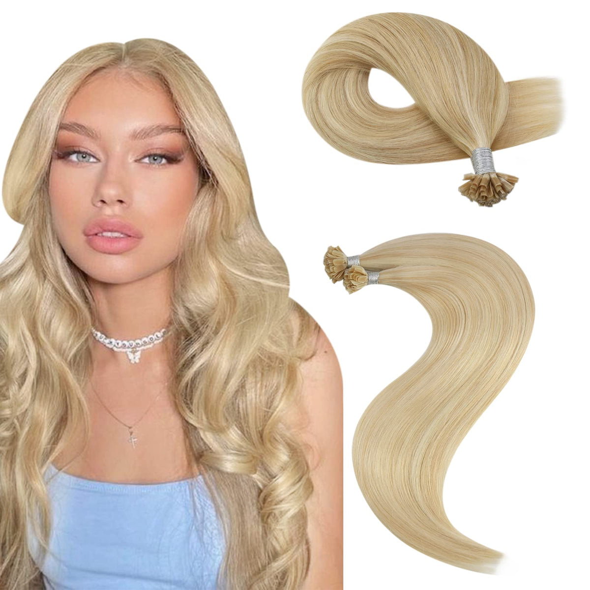 Moresoo Utip Hair Extensions 16&quot; Remy Human Hair #14P613 Blonde Pre-Bonded 50G