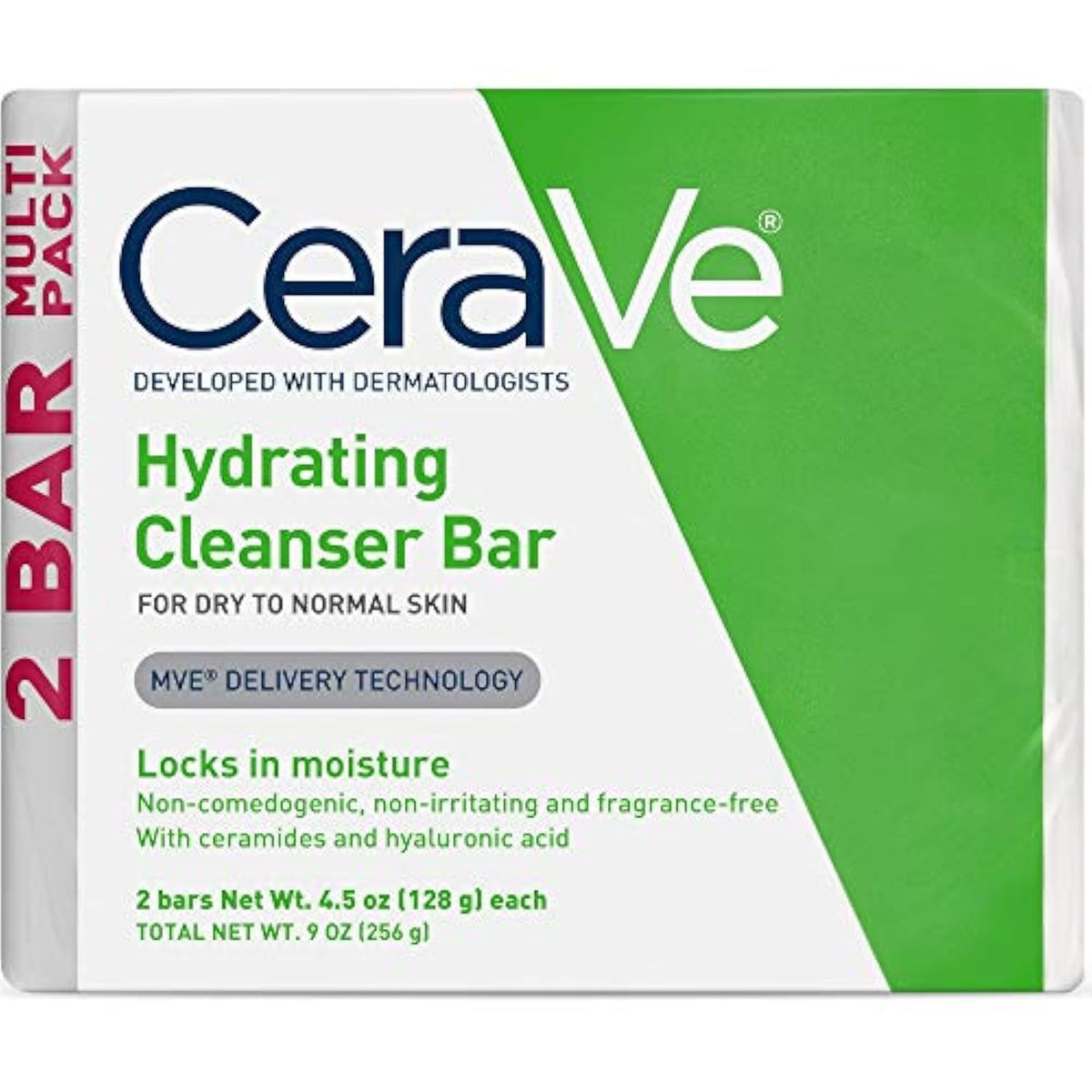 Cerave Hydrating Cleanser Bar, Soap-Free Facial & Body Cleanser, 2-Pack, 4.5 Ounce Each