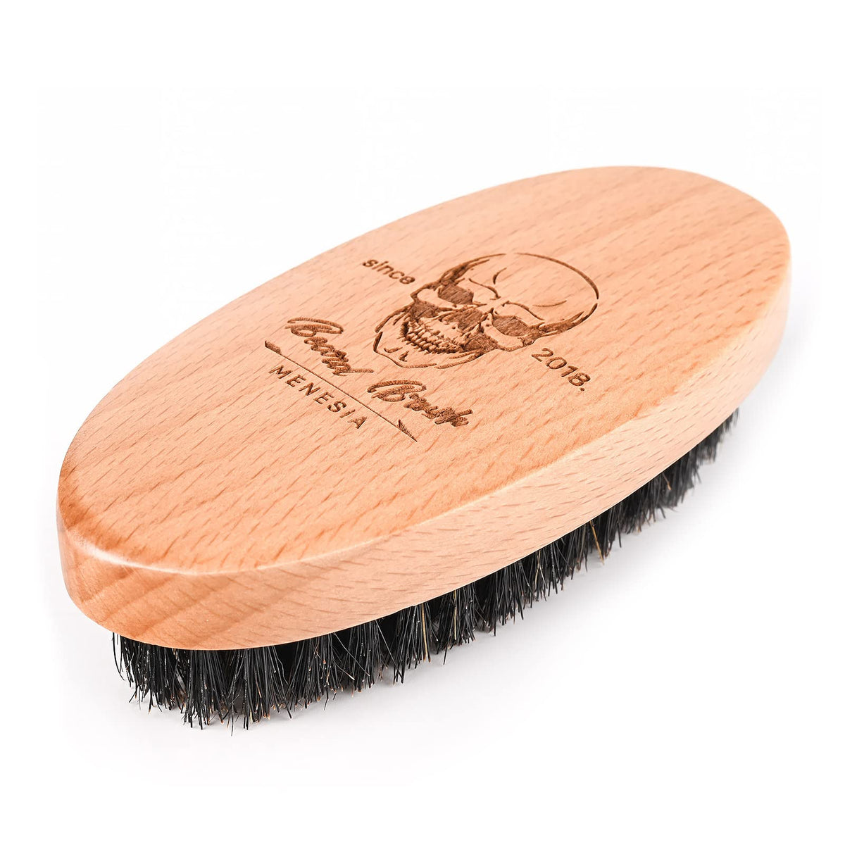 Menesia Boar Bristle Beard Brush for Men - Small Wooden Mustache Brush, Skull Design