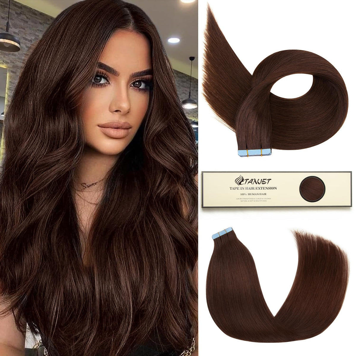 Tanjet Darkest Brown Tape In Hair Extensions - 18 Inch, 20Pcs, 50G, Silky Soft Human Hair