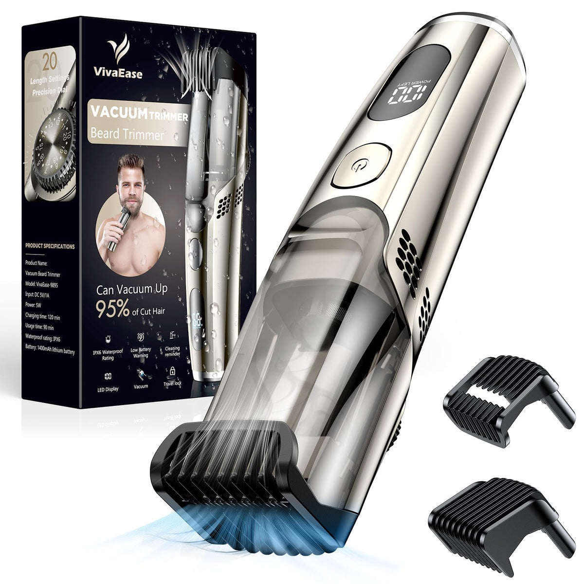 Vivaease Vacuum Beard Trimmer For Men, Waterproof, Adjustable Length, High Precision Blades