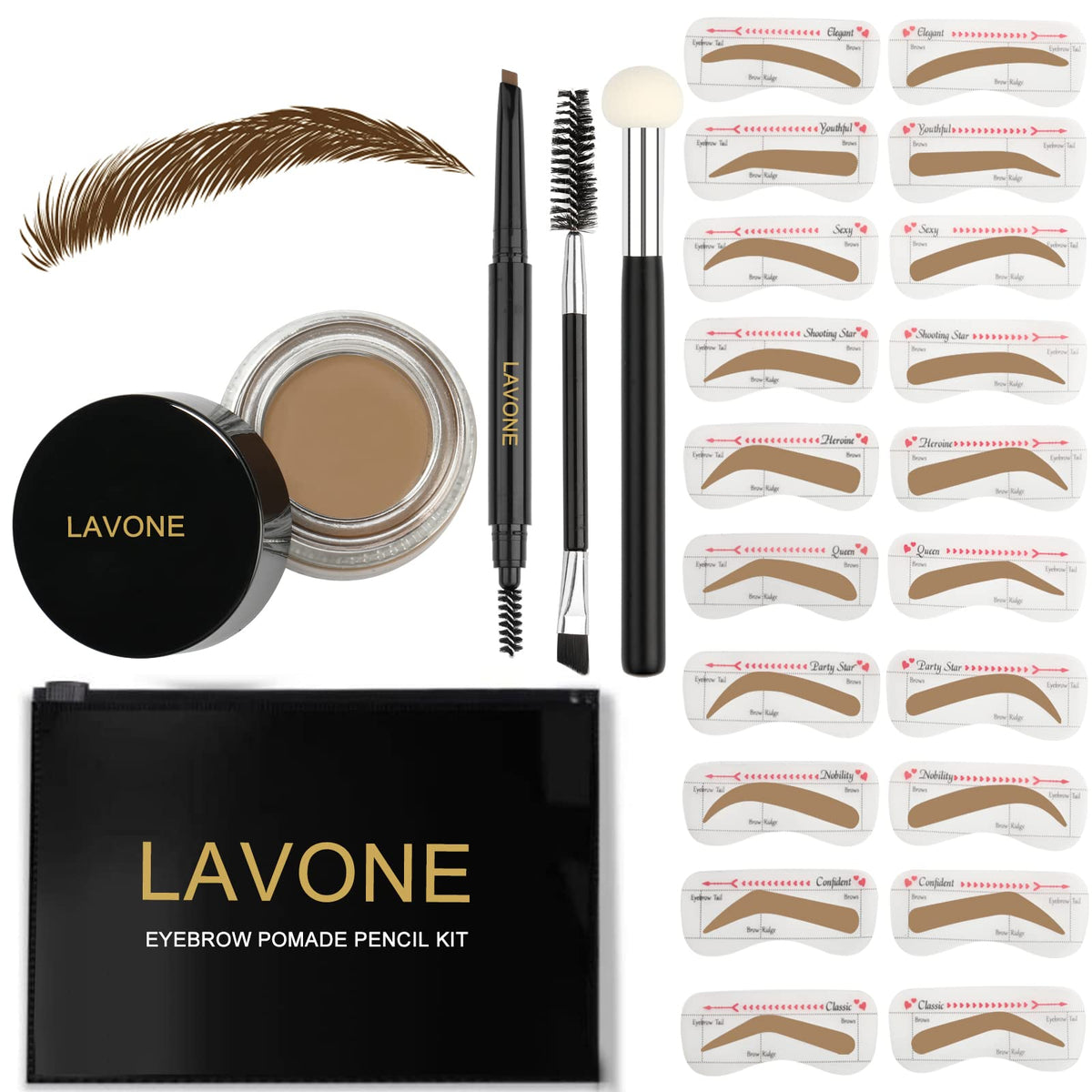 Lavone Eyebrow Stamp Kit - Waterproof Pencil, Pomade, 20 Stencils, Dual-Ended Brush - Taupe