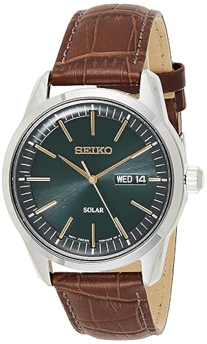 Seiko Men'S Analog Solar Watch, Silver Leather Strap Sne529P1, Large Size