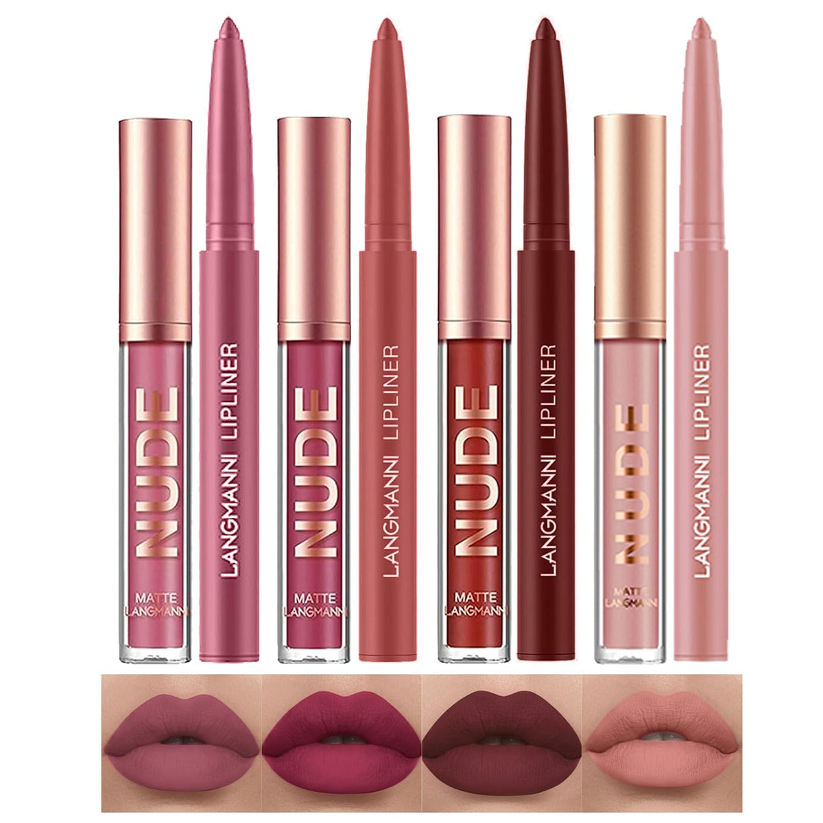 Langmanni 4Pcs Matte Lipstick Set With Lipliners - Long-Lasting, Waterproof, Pigmented Gift For Girls