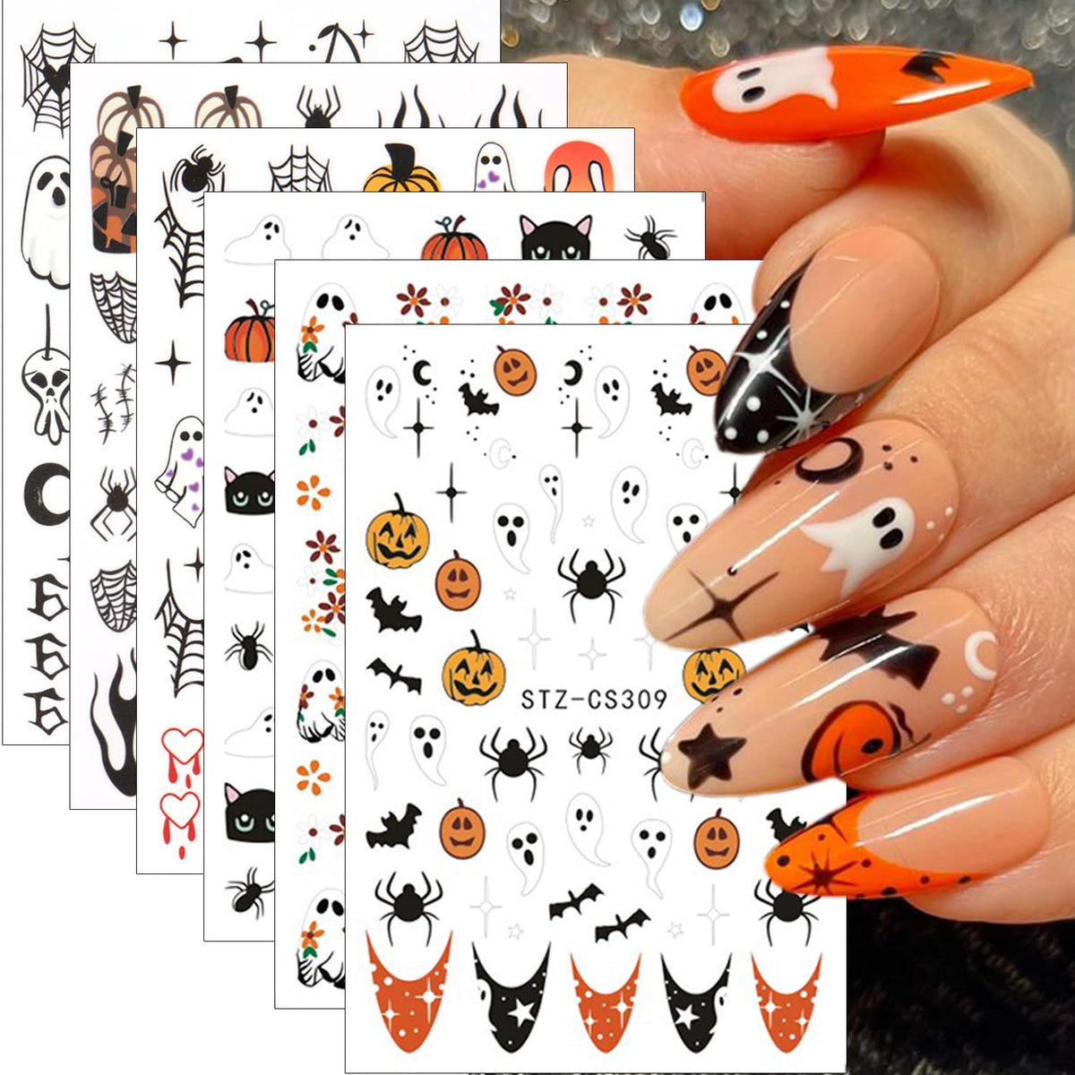 Sutaozhi Halloween Nail Art Stickers - 6 Sheets With Spider, Pumpkin, Ghost Designs, Diy Charms