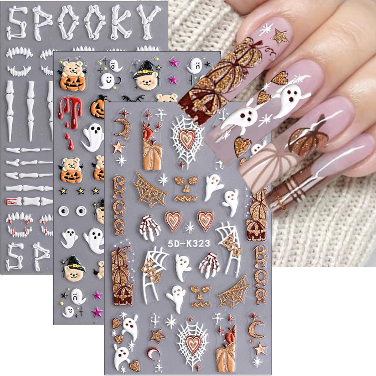 Bmkkot 5D Halloween Nail Stickers - Ghost, Pumpkin, Moon & Stars - Self-Adhesive Nail Art Decor