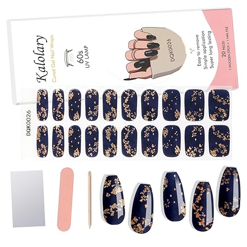 Kalolary 20Pcs Blue Gold Foil Semi-Cured Gel Nail Polish Strips With Nail File & Stick