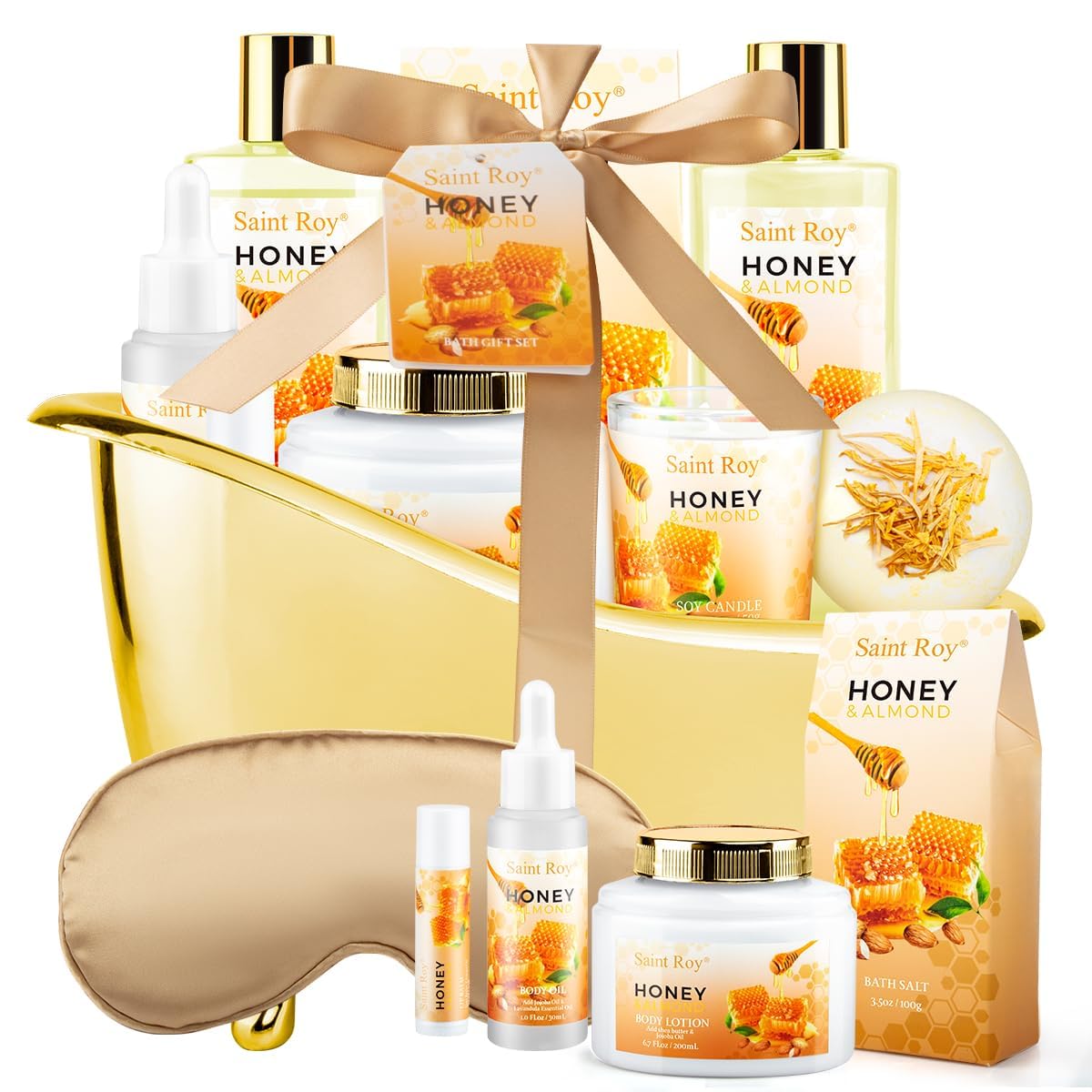 Saint Roy Honey Almond Spa Gift Basket - 10 Piece Bath Set With Bomb, Oil & Balm For Women & Men