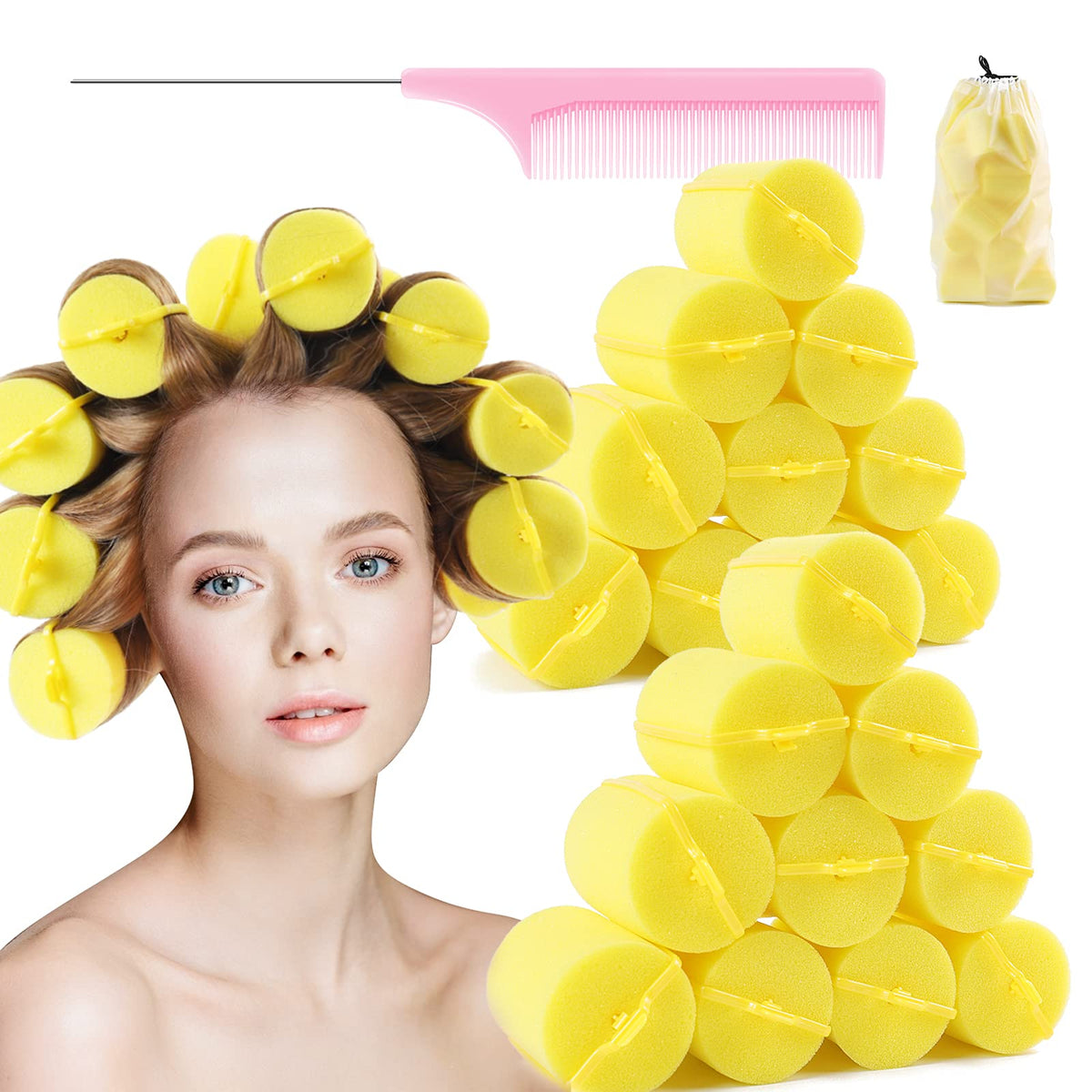 BEAUTIYAND Jumbo Foam Sponge Hair Rollers - 24 Soft Curling Tools for Long & Short Hair, Yellow