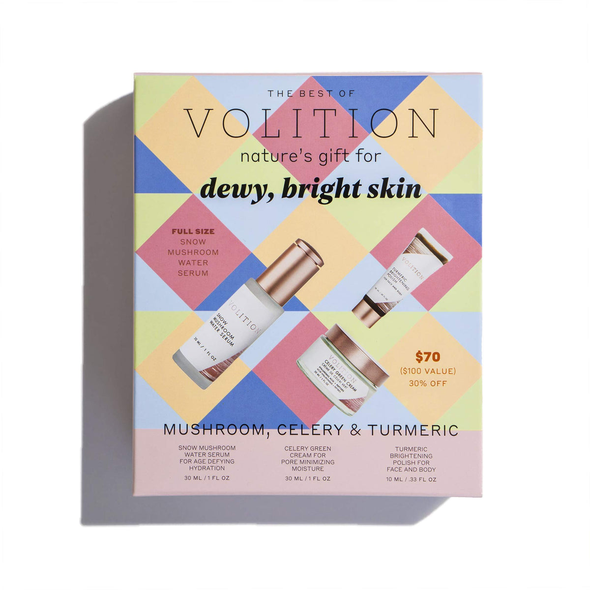 Volition Beauty Dewy Skin Kit: Celery Green Cream, Snow Mushroom Serum, Turmeric Polish - Vegan & Brightening