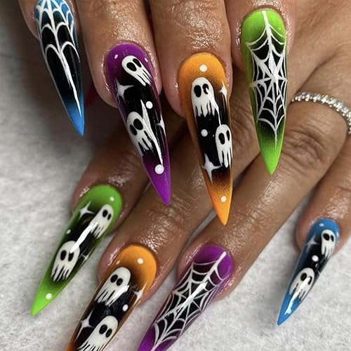 IMSOHOT Halloween Press on Nails - Colorful Ombre Stiletto 24Pcs Acrylic Ghost Nails for Women