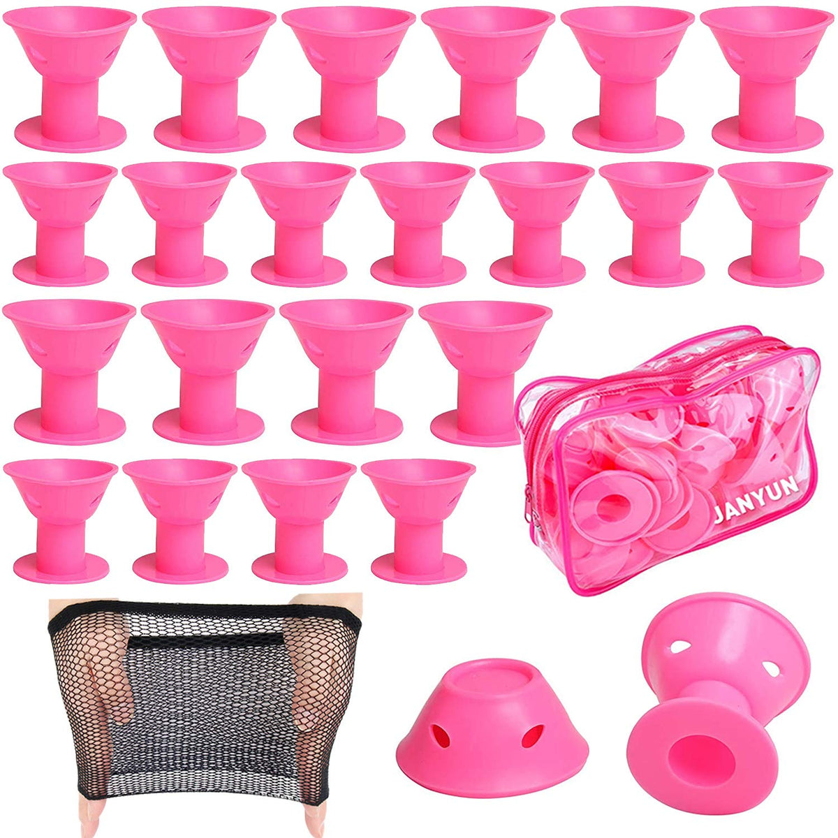 JANYUN 40 Pcs Pink Magic Hair Rollers - 20 Large & 20 Small Silicone Curlers