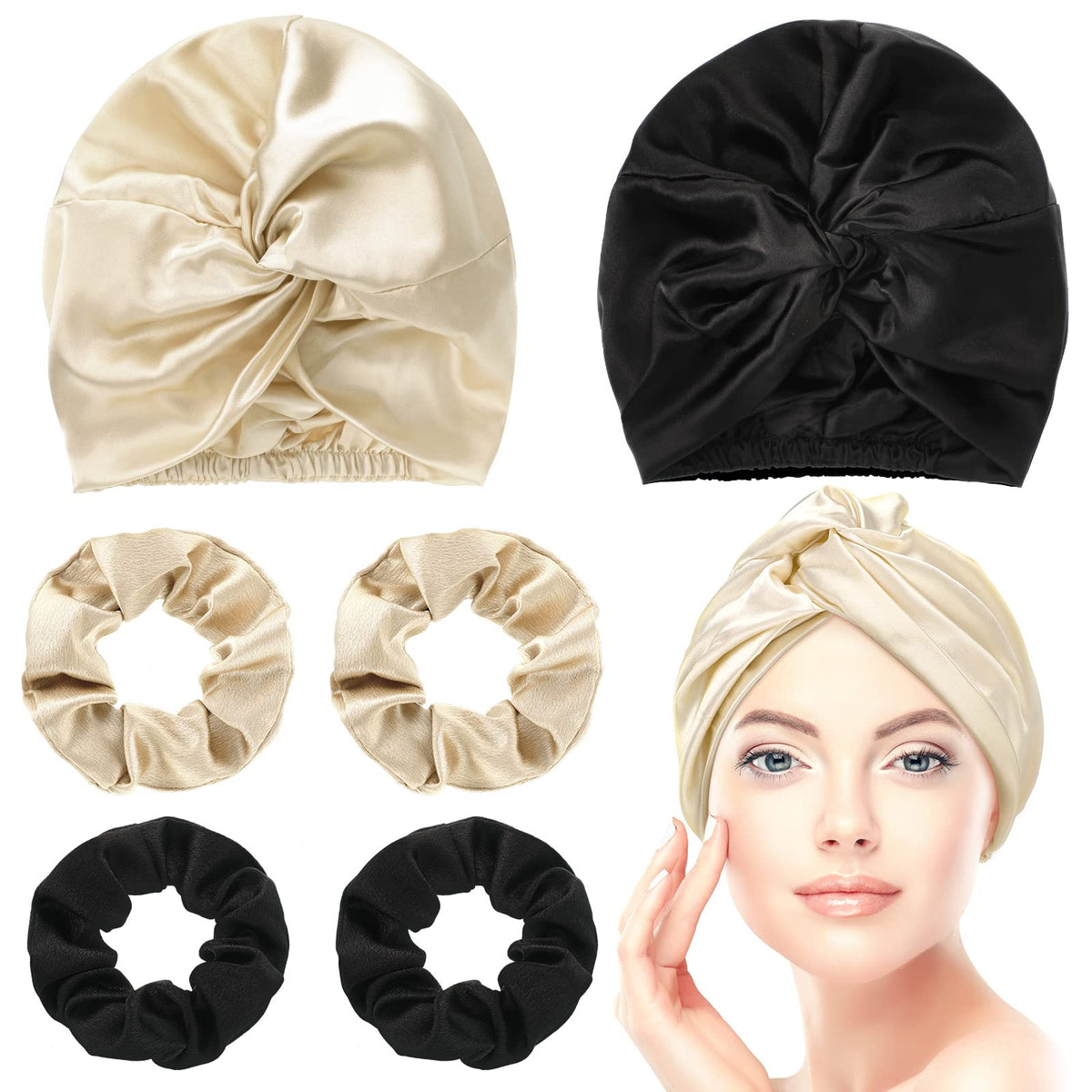 Geyoga 6 Pieces Silk Bonnet & Scrunchies Set - Soft Hair Wraps For Sleeping, Black & Beige