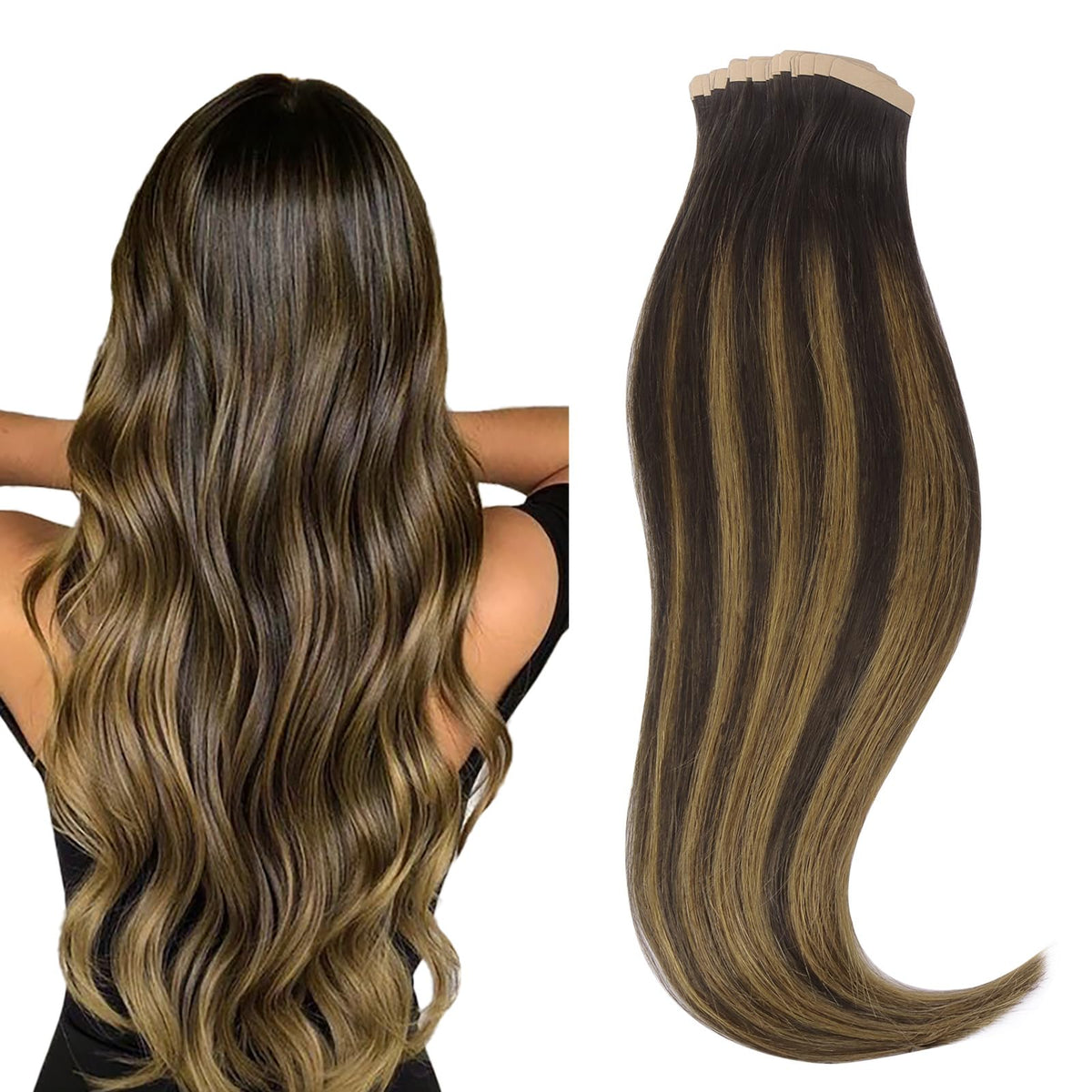 Hotbanana 14&quot; Tape In Hair Extensions, 20Pcs Dark Brown Mixed Medium Brown Balayage Remy Human Hair