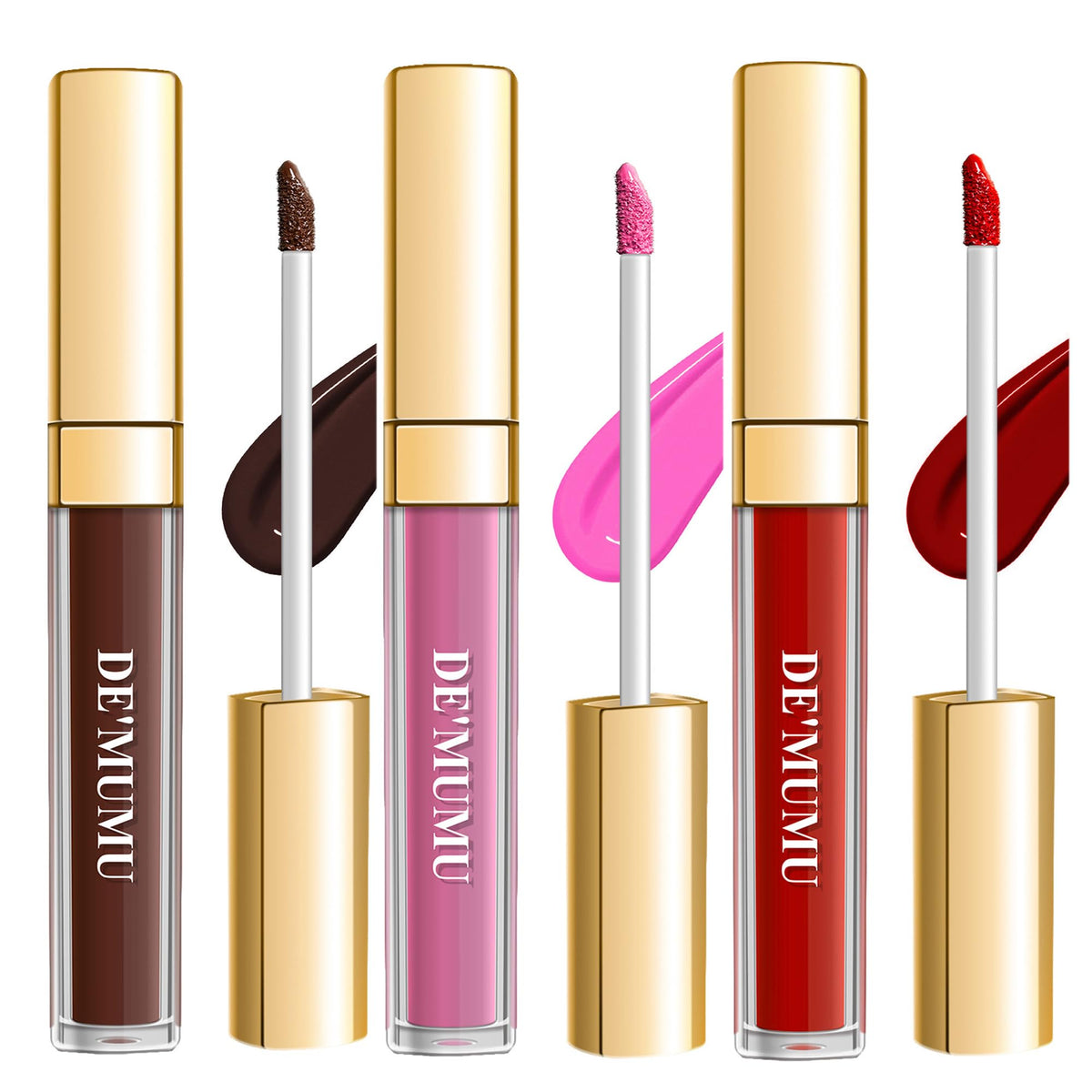 De'Mumu 3Pc Matte Liquid Lipsticks Set - Long Lasting Dark Brown, Red & Pink Lip Makeup