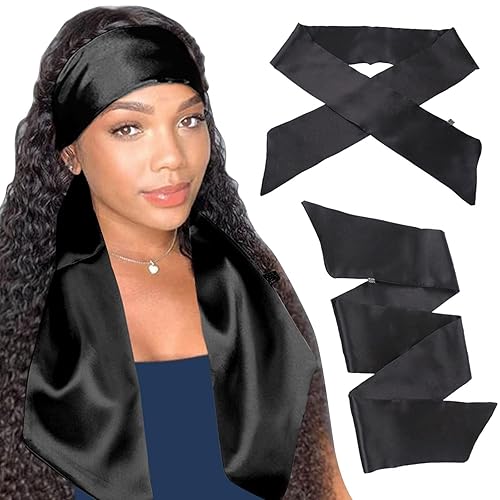 XTREND 2Pcs Women's Satin Edge Scarves for Wigs - 58 Inch Non-Slip Hair Wrap, Black