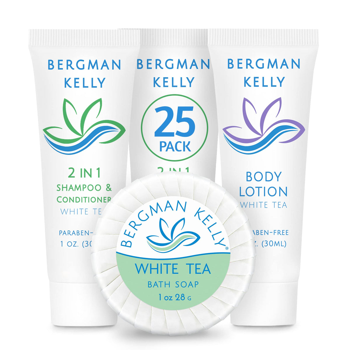 Bergman Kelly 3-Piece Set: Round Soap Bars, 2In1 Shampoo & Conditioner, Travel Lotion - White