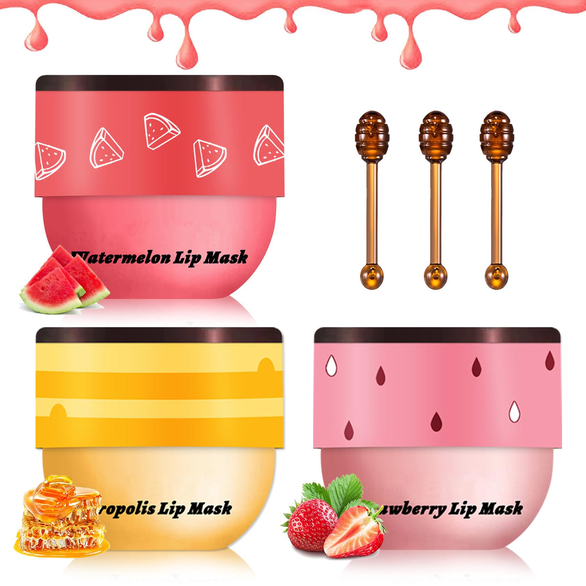 Xingxyuel 3Pcs Bee Lip Balm Set - Honey, Strawberry, Watermelon, Silky Hydrating Overnight Care