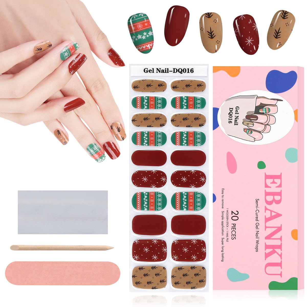 Ebanku 20Pcs Christmas Nail Polish Strips - Snowflake Trees, Waterproof Gel Nail Art Stickers