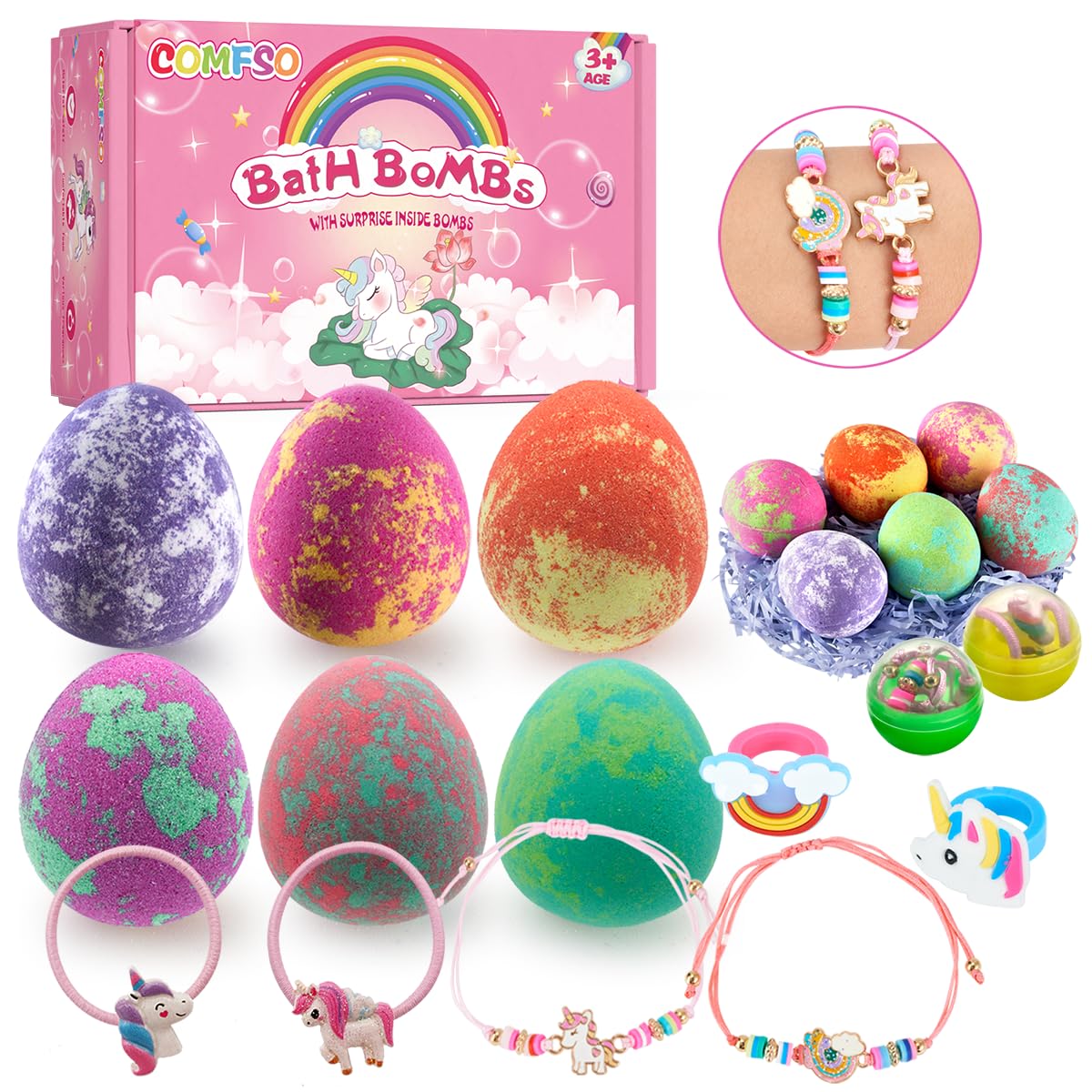 Comfso Bath Bombs For Kids - Surprise Dino Egg & Unicorn Jewelry, 6 Pcs Bubble Bath Gift Set