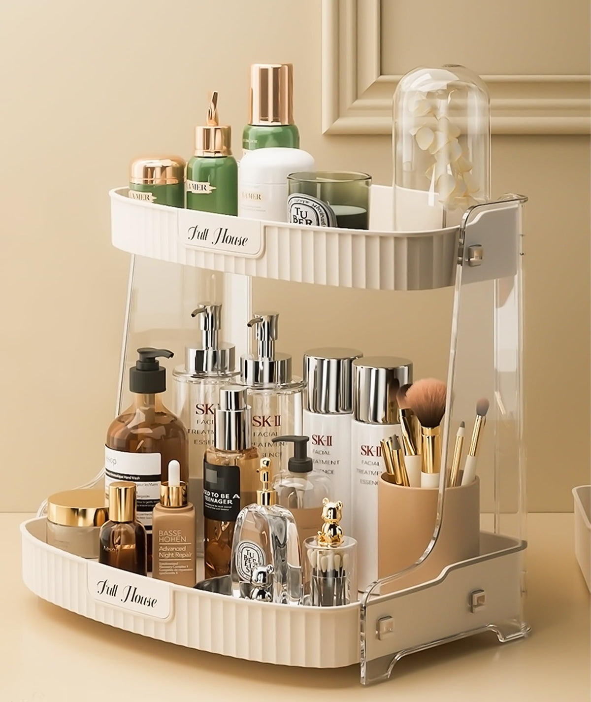 Vnimti 2 Tier Makeup Organizer - Beige Cosmetic Display Case For Vanity & Bathroom