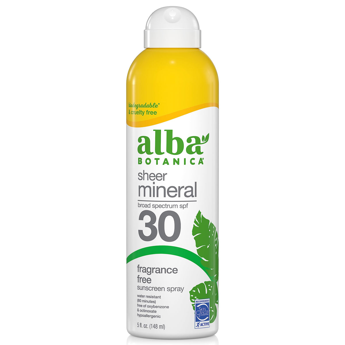 Alba Botanica Sheer Mineral Sunscreen Spray Spf 30, Fragrance-Free, 5 Fl Oz, Water Resistant