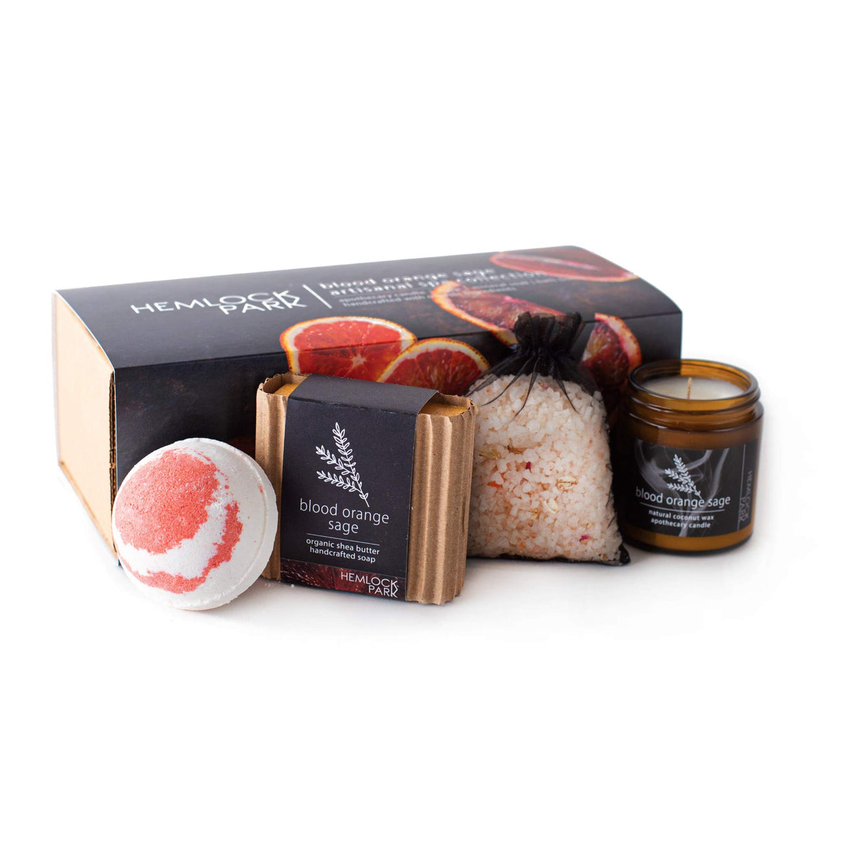 Hemlock Park Blood Orange Sage Spa Gift Box | Candle, Soap, Bath Bomb & Soak | 4 Piece Set