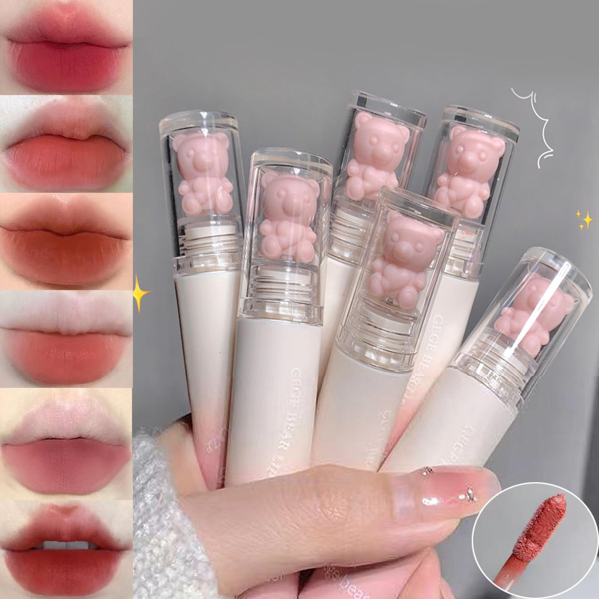 Denestup 6Pcs Pink Bear Lip Gloss Set - Waterproof, Long Lasting, High Pigment Makeup