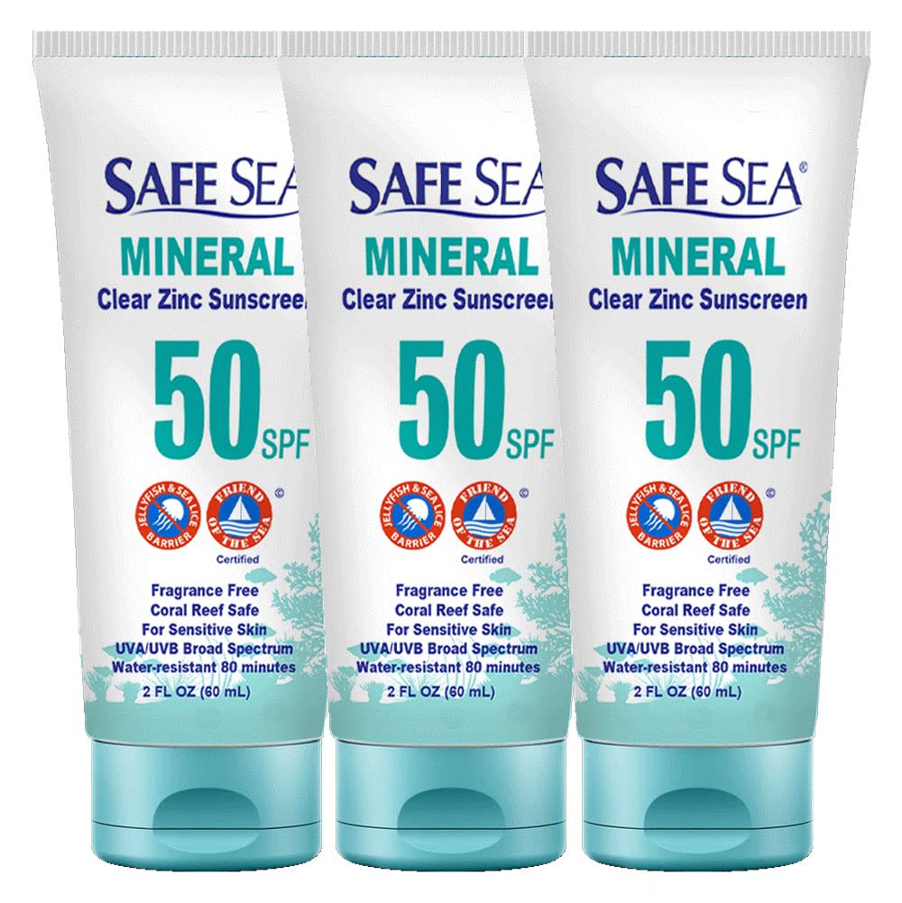 Safe Sea Zinc Oxide Sunscreen Spf 50 - Clear Mineral Face Lotion, Anti-Jellyfish, Travel Size 3-Pack