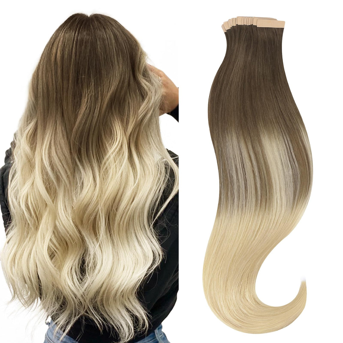 Hotbanana 18&quot; Tape In Hair Extensions, Ash Brown To Platinum Blonde, 20Pcs Remy Human Hair